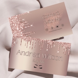Tarjeta de visita de oro rosa, plantilla editable, tarjeta de visita de salón de belleza prefabricada, tarjeta de visita de bricolaje, pequeña empresa, kit de negocios
