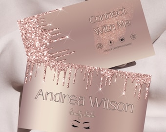 Tarjeta de visita de oro rosa, plantilla editable, tarjeta de visita de salón de belleza prefabricada, tarjeta de visita de bricolaje, pequeña empresa, kit de negocios