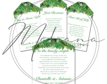 Personalized Tropical Wine Tags – Marriage Milestones Gift (Set of 16)