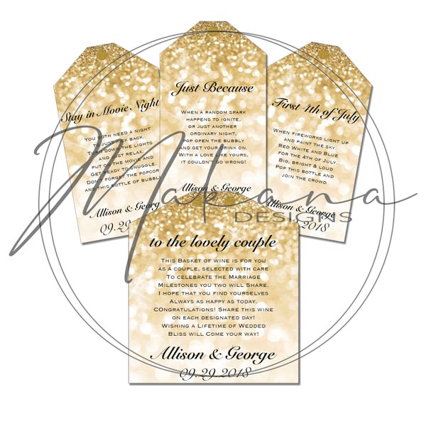16 Personalized Glitter Wine Tags - Marriage Milestones - A Year of Firsts - Wedding Gift, Engagement Present, Bridal Shower
