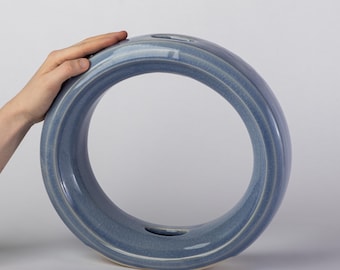 Blue Crackle-Glazed Torus Vase to Hold a Single Flower Stem
