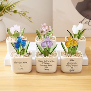 May include: Six small white ceramic pots, each containing a glass tulip arrangement. The tulips are in various colors: blue, pink, purple, white, and yellow. Each pot has a message and a name: "I love you, Mom. Kiana", "Happy Mother's Day I'll always love you, Mom! Jenny", and "Mom Thank you for helping me grow. Sophia."