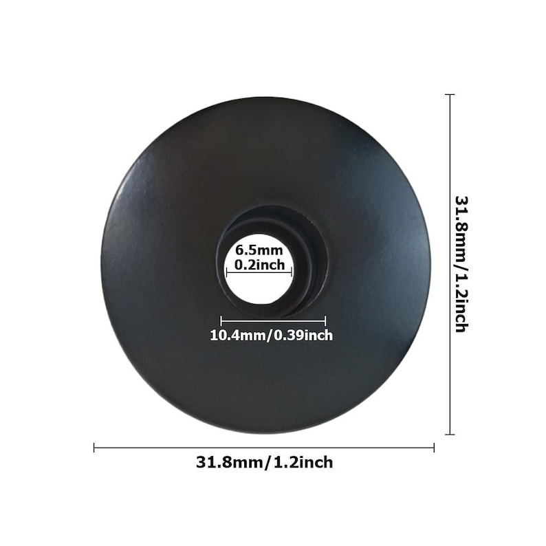 May include: Black round spacer with a 0.39 inch diameter hole and a 1.2 inch outer diameter. The spacer is 1.2 inches tall.