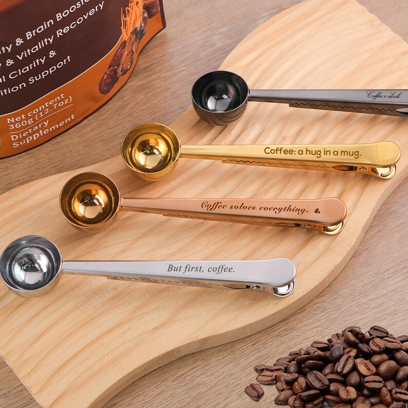 Personalised Coffee Scoop Custom Coffee Bag Clip 2 in 1 Multicolor Measuring Spoon Engraved Coffee Scoop Groomsmen Gift Coffee Lover Gift image 4