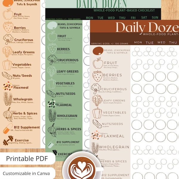 Daily Dozen Weekly Checklist / 3 Designs /Printable PDF and Digital Canva File