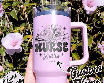 Nurse Laser Engraved Tumbler 40 Oz, Personalized - Gift - RN - LPN, Gift for Nurse,Nurse Tumbler Handle,Nurse Gift,Nurse Floral Tumbler 40OZ