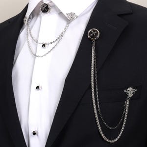 Handmade Silver Black Chain Jacket Brooch, Lapel Chain Pin, Men&#39;s Women&#39;s Jewellery, Chain Brooch, Wedding Accessory, Lapel Brooch Esgue