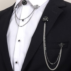 Handmade Light Black - Silver Chain Jacket Brooch, Lapel Chain Pin, Men&#39;s Women&#39;s Jewellery, Chain Brooch, Wedding Accessory, Lapel Brooch