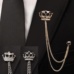 Spilla a catena con corona da re realizzata a mano, spilla con pietra in oro e argento, spilla con corona da re in pietra nera, regalo di nozze