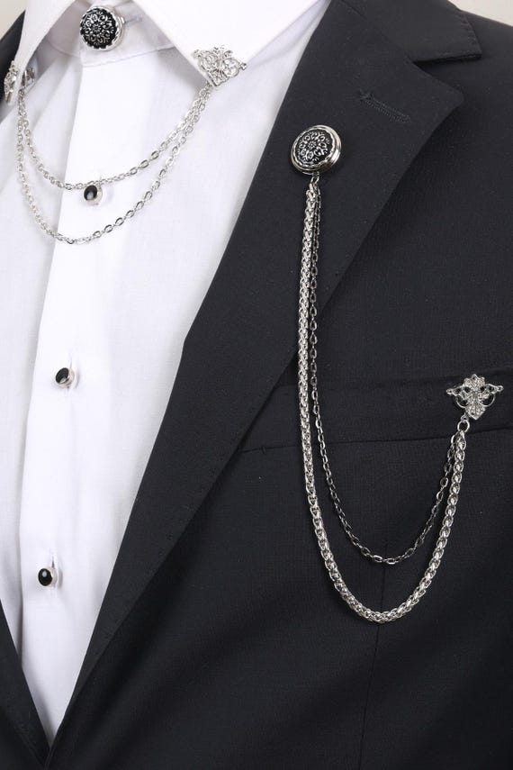 メンズスーツチェーンブローチとシャツカラークリップセット