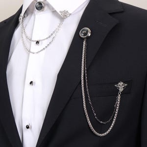 Handmade Silver Black Chain Jacket Brooch, Lapel Chain Pin, Men&#39;s Women&#39;s Jewellery, Chain Brooch, Wedding Accessory, Lapel Brooch Esgue