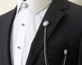 Handmade Silver Chain Brooch, Pearl Button Cover, Cufflink Set