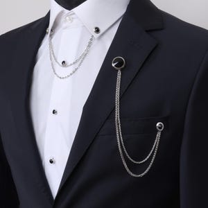 Jacket and Shirt Chain Lapel Brooch with Black Stone, Wedding Accessory, Groom and Best Man Lapel Chain, Silver Color Lapel Chains by Esgue