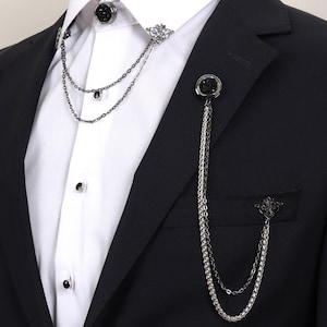 Handmade Light Black - Silver Chain Jacket Brooch, Lapel Chain Pin, Men&#39;s Women&#39;s Jewellery, Chain Brooch, Wedding Accessory, Lapel Brooch