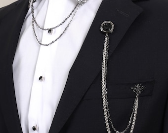 Handmade Light Black - Silver Chain Jacket Brooch, Lapel Chain Pin, Men&#39;s Women&#39;s Jewellery, Chain Brooch, Wedding Accessory, Lapel Brooch