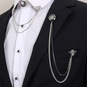 Handmade Silver Black Chain Jacket Brooch, Lapel Chain Pin, Men&#39;s Women&#39;s Jewellery, Chain Brooch, Wedding Accessory, Lapel Brooch Esgue