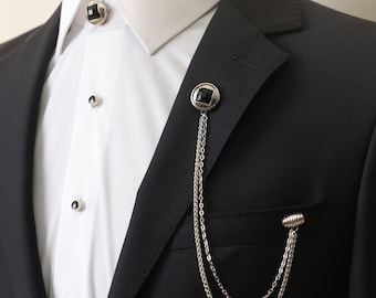 Handmade Silver Chain Collar Brooch, Black Stone Shirt Button Cover Cufflinks Set