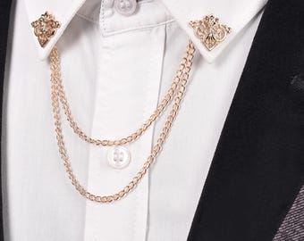 Triangle Collar Chain Pins, Silver, Black, Gold, Unisex Brooch