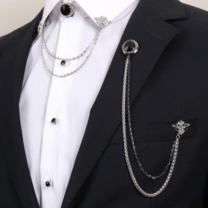 Handmade Silver Black Chain Jacket Brooch, Lapel Chain Pin, Men&#39;s Women&#39;s Jewellery, Chain Brooch, Wedding Accessory, Lapel Brooch Esgue