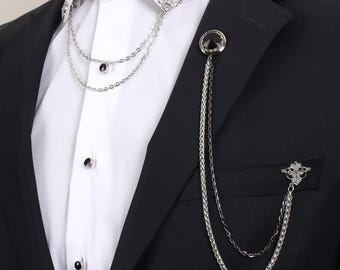Handmade Silver Chain Lapel Brooch, Men's Jacket Accessory