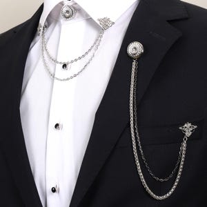 Handmade Silver Black Chain Jacket Brooch, Lapel Chain Pin, Men&#39;s Women&#39;s Jewellery, Chain Brooch, Wedding Accessory, Lapel Brooch Esgue