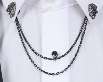 Lion Shirt Collar Chain, Black & Gold Brooch Pins, Unisex Gift