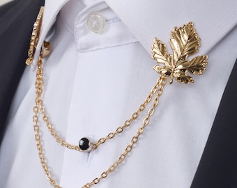 Leaf Brooch Pin with Gold Color Chains, Esgue Lapel Jewelry