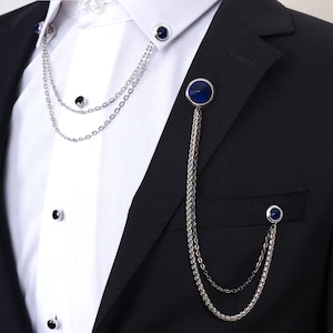 Jacket and Shirt Chain Lapel Brooch with Dark Blue Stone, Wedding Accessory, Groom and Best Man Lapel Chain, Silver Color Lapel Chains Esgue