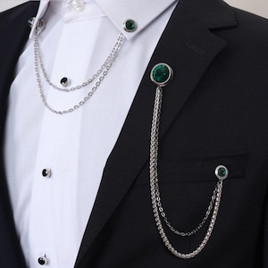 Jacket and Shirt Chain Lapel Brooch with Green Stone, Wedding Accessory, Groom and Best Man Lapel Chain, Silver Color Lapel Chains by Esgue