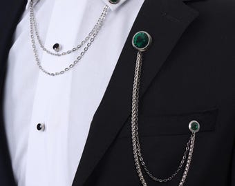 Silver Chain Lapel Brooch with Green Stone, Groom Wedding Accessory