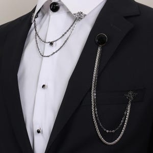 Handmade Light Black - Silver Chain Jacket Brooch, Lapel Chain Pin, Men&#39;s Women&#39;s Jewellery, Chain Brooch, Wedding Accessory, Lapel Brooch