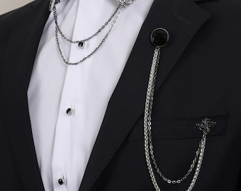 ブラックストーン＆シルバーシャツカラーチェーンブローチセット