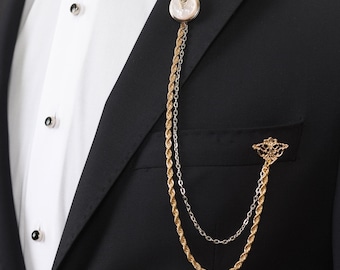 Gold Chain Collar Brooch, Shirt Button Cover Cufflink Set