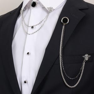 Handmade Silver Black Chain Jacket Brooch, Lapel Chain Pin, Men&#39;s Women&#39;s Jewellery, Chain Brooch, Wedding Accessory, Lapel Brooch Esgue