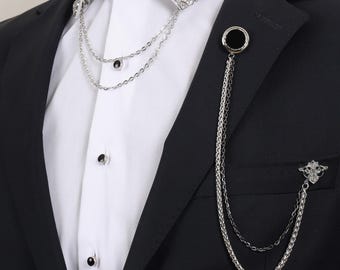 Brosch med silverkedja och kavajkrage, nålar med skjortkrage, bröllopsaccessoar