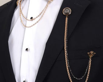 Handmade Gold Black Chain Jacket Brooch, Lapel Chain Pin, Men&#39;s Women&#39;s Jewellery, Chain Brooch, Wedding Accessory, Lapel Brooch Esgue
