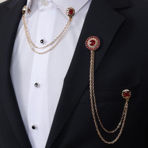 Jacket and Shirt Chain Lapel Brooch with Red Stone, Wedding Accessory, Groom and Best Man Lapel Chain, Gold Color Lapel Chains by Esgue