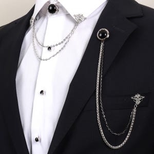 Handmade Silver Black Chain Jacket Brooch, Lapel Chain Pin, Men&#39;s Women&#39;s Jewellery, Chain Brooch, Wedding Accessory, Lapel Brooch Esgue