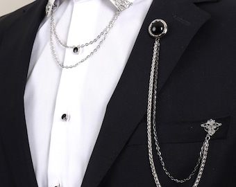 Silver Chain Lapel Brooch Pin, Men's Jacket Accessory