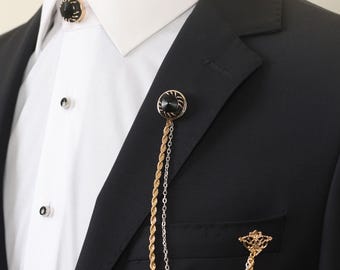 Handmade Gold Chain Collar Brooch, Shirt Button Cover Cufflinks Set
