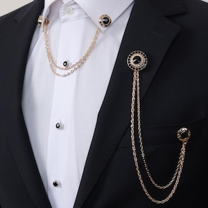 Jacket and Shirt Chain Lapel Brooch with Black Stone, Wedding Accessory, Groom and Best Man Lapel Chain, Gold Color Lapel Chains by Esgue