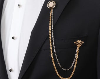 Handmade Gold Chain Collar Brooch, Pearl Button Cover Cufflink Set