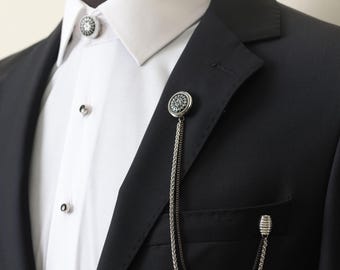 Handmade Silver Chain Brooch, Shirt Button Cover, Cufflink Set
