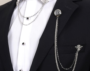 Handmade Silver Black Chain Jacket Brooch, Lapel Chain Pin, Men&#39;s Women&#39;s Jewellery, Chain Brooch, Wedding Accessory, Lapel Brooch Esgue