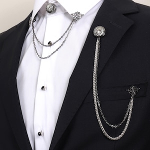 Handmade Light Black - Silver Chain Jacket Brooch, Lapel Chain Pin, Men&#39;s Women&#39;s Jewellery, Chain Brooch, Wedding Accessory, Lapel Brooch