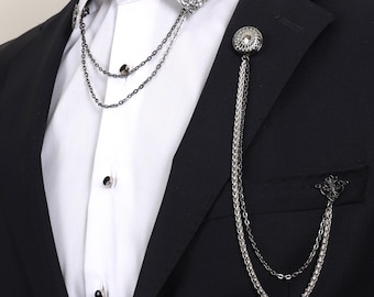Handmade Silver Chain Brooch – Light Black Jacket Lapel Pin