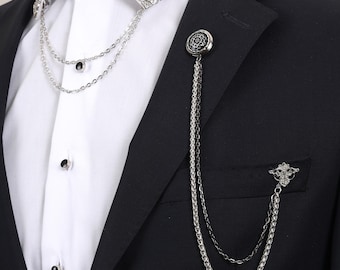 Mens Suit Chain Brooch and Shirt Collar Clip Set - Vintage Gothic Lapel Pin with Double Chains - Wedding Tuxedo Accessory for Men - Prom