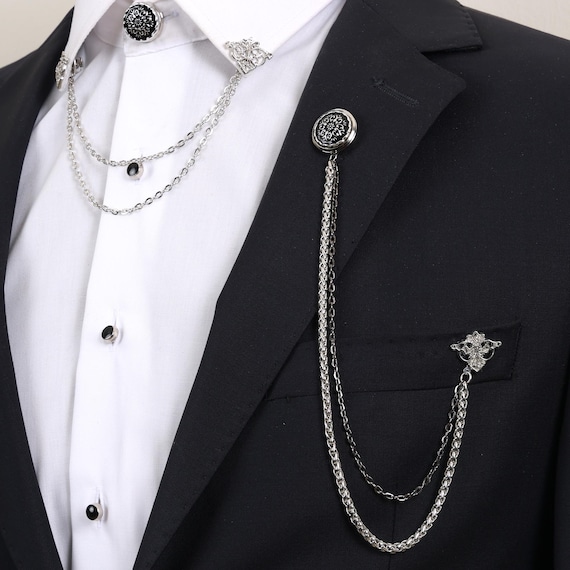 3 Broches Chaîne Costume Rétro - Accessoire Élégant Pour Chemise, Cape, Châle - Design Créatif En Alliage Zinc - 11