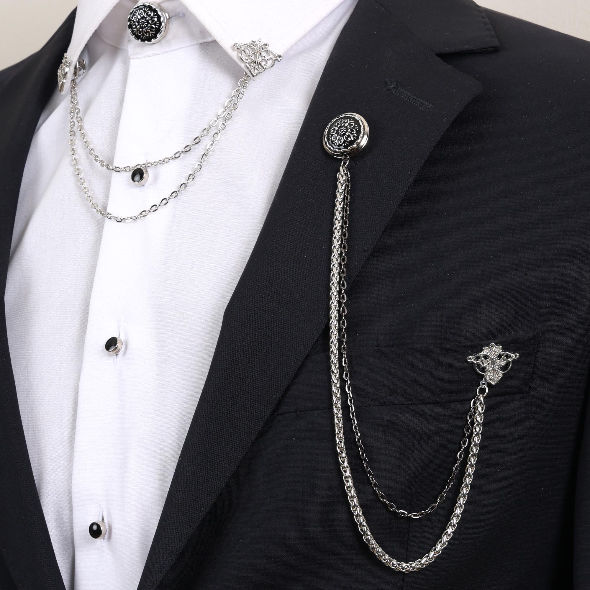 メンズスーツチェーンブローチとシャツカラークリップセット