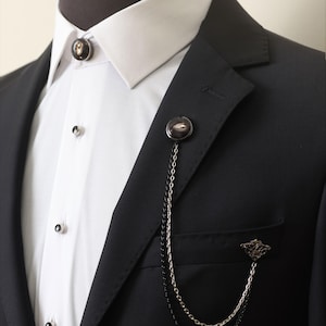 HandMade Black Collar Chain Brooch, Collar Chain, Shirt Button Cover and Cufflink, Unique Designs, Groomsmen Gifts, Lapel Pin Gift, Men Gift